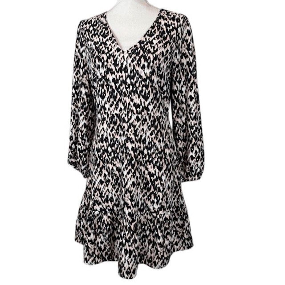 Ann Taylor Abstract Animal Print Ruffle Dress V-Neck Zip Back Long Sleeve Size 4